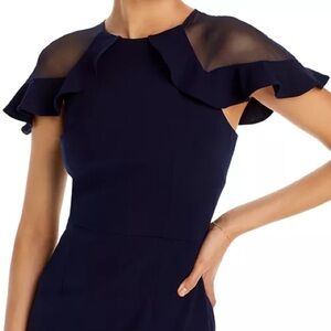 Eliza J Navy Blue Sheath Dress with Sheer Ruffle Sleeves Size 16